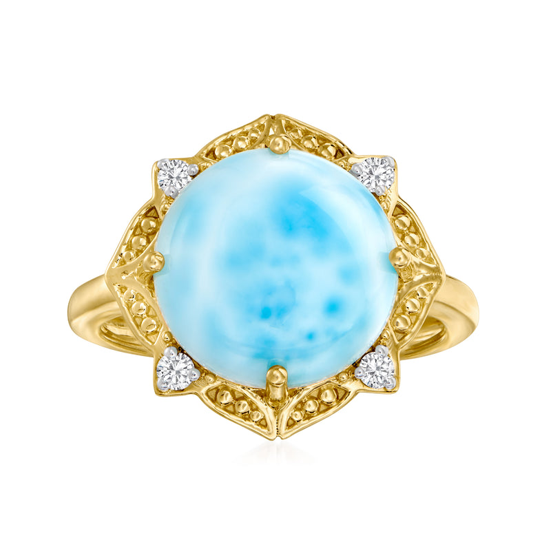 14kt yellow gold ring with oval sky-blue larimar cabochon and diamond accents