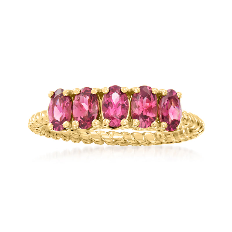 14kt yellow gold rhodolite garnet ring with five oval pink stones and rope-texture band