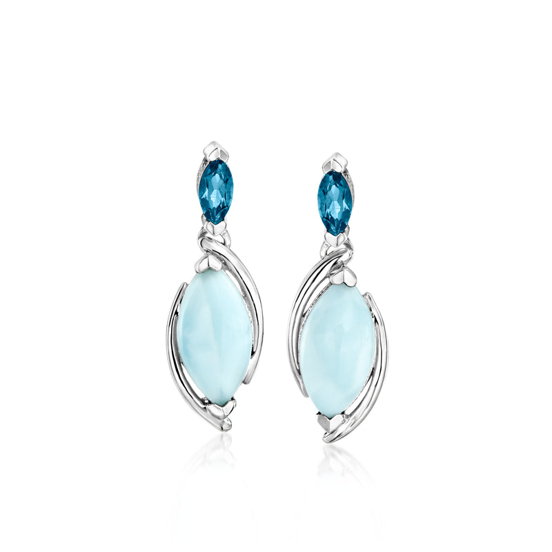 Sterling silver drop earrings with oval light blue stone and teardrop dark blue accents
