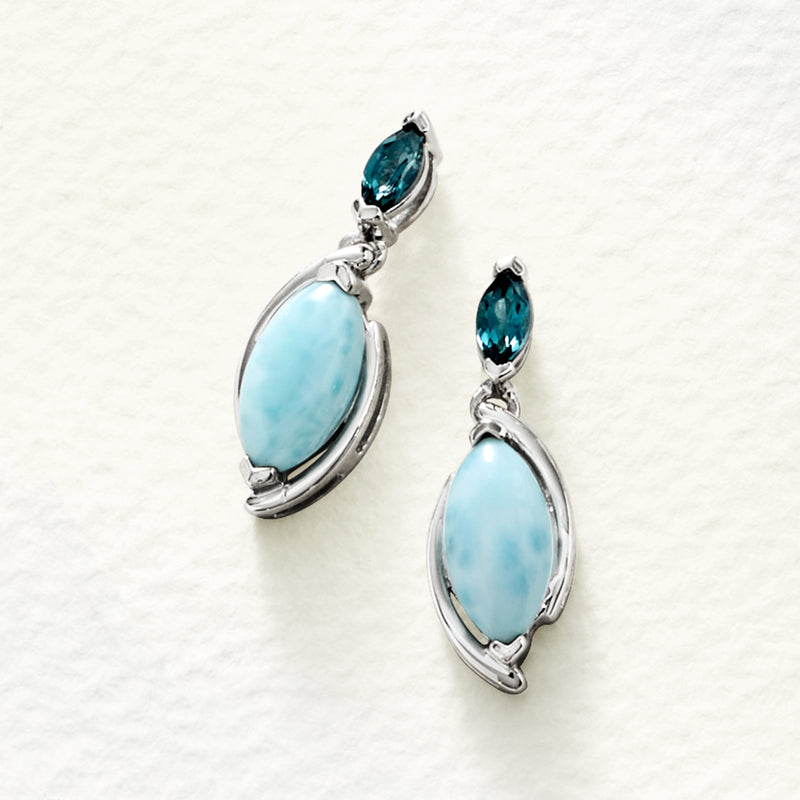 Sterling silver drop earrings with oval light blue stone and dark blue teardrop top