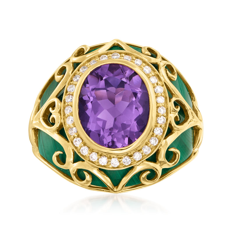 14kt yellow gold ring with oval amethyst, diamond halo, and green malachite scrollwork