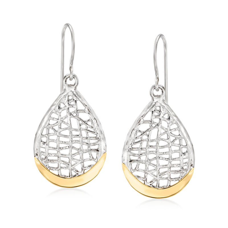 Openwork teardrop earrings with sterling silver lattice and 14kt yellow gold accent