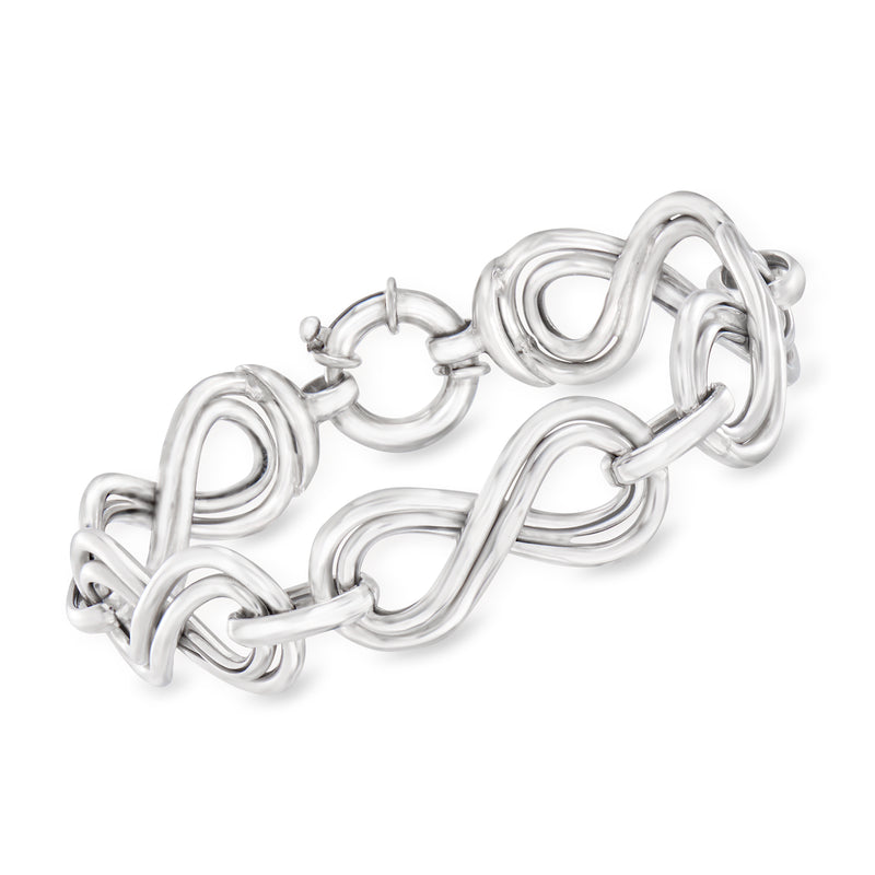 Sterling silver infinity-link bracelet with interlocking loops and polished metal links
