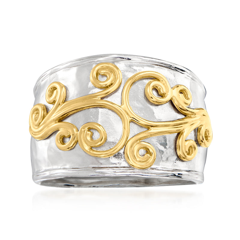 Sterling silver scroll ring with 14kt yellow gold swirling ornaments