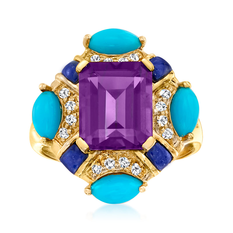 14kt yellow gold ring with purple amethyst center, turquoise, lapis, and diamond accents