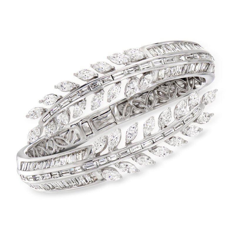 Diamond leaf bangle bracelet in white gold with pavé and baguette diamonds
