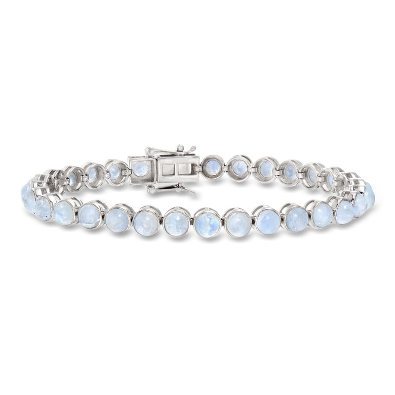 Sterling silver tennis bracelet with round moonstone cabochons and box clasp