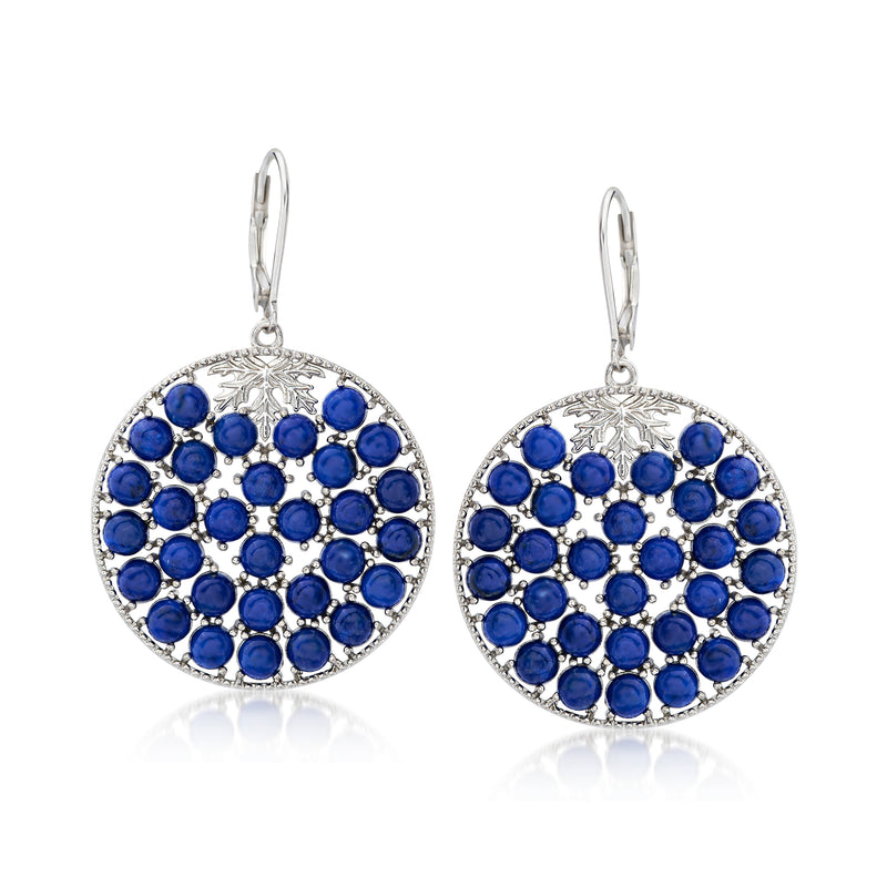 Sterling silver circle drop earrings with blue lapis stones, leverback hooks
