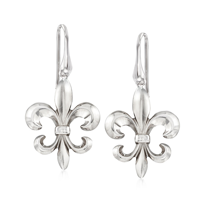 Sterling silver fleur-de-lis drop earrings with polished earwires