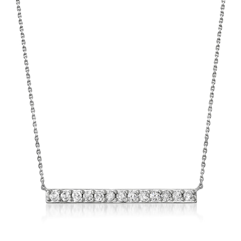 Sterling silver diamond bar necklace with a row of round-cut stones on a thin chain