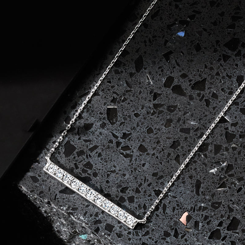 Sterling silver diamond bar necklace with pavé stones on a fine chain