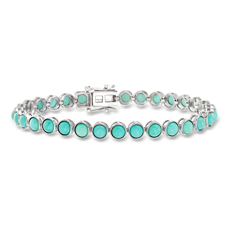 Turquoise tennis bracelet in sterling silver with round turquoise stones.