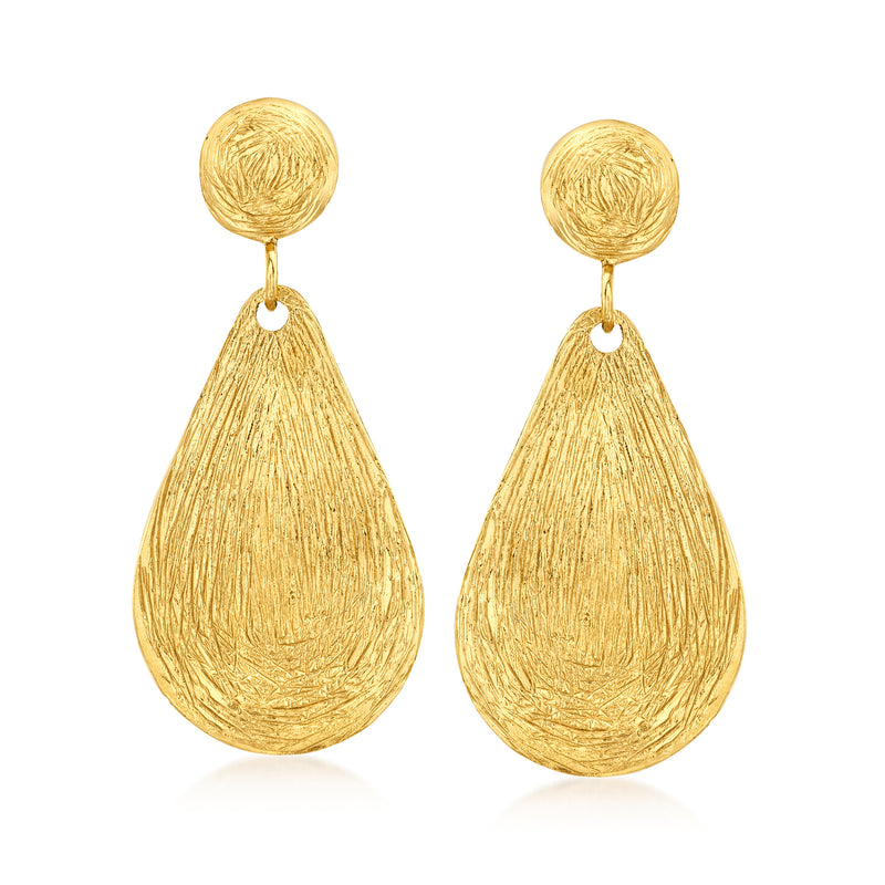 Gold-tone teardrop drop earrings with textured finish and small top loop