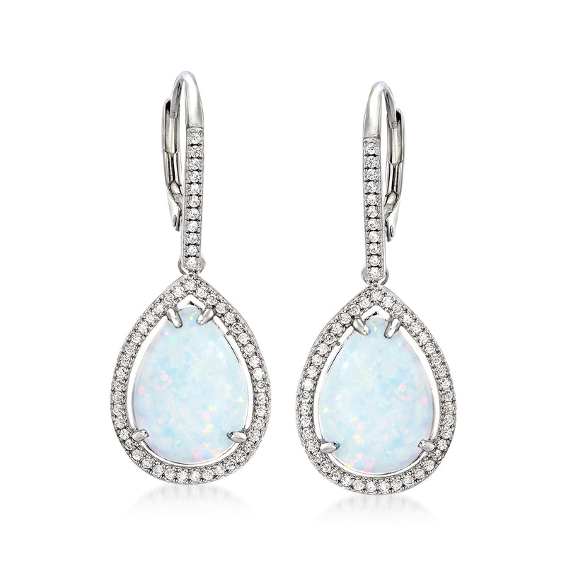 Sterling silver leverback drop earrings with opal teardrop stones and CZ halo