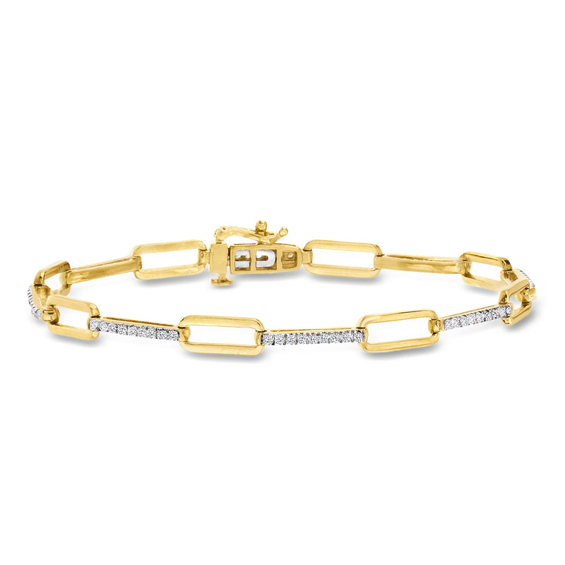 Gold paper clip link bracelet with diamond accents and clasp.