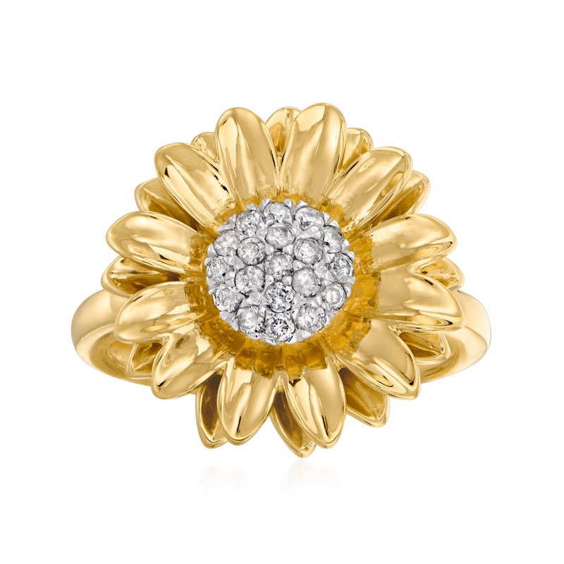 18k gold over sterling sunflower ring with gold petal halo and diamond center