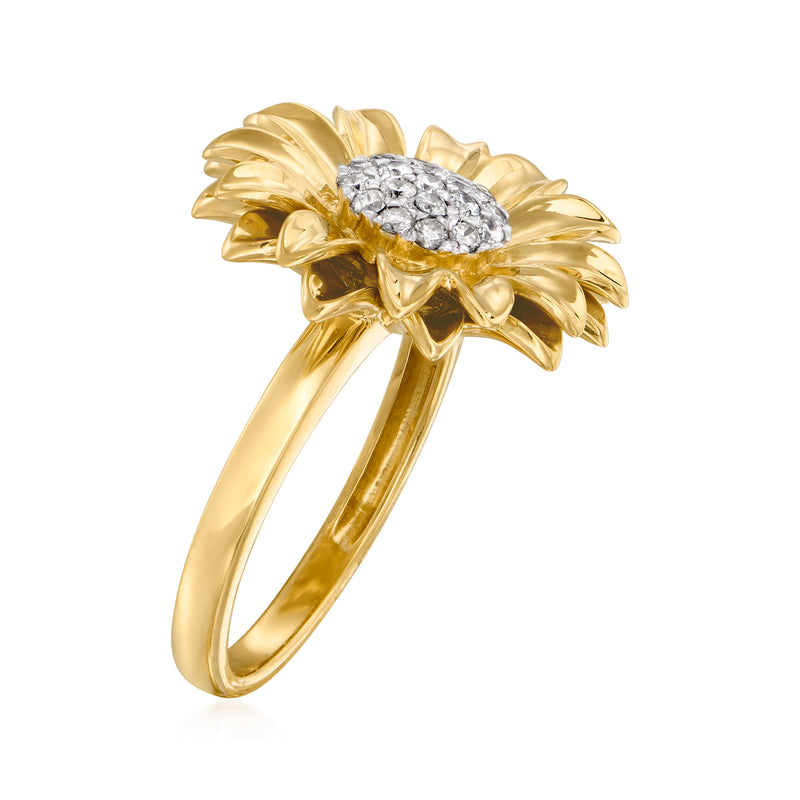 Gold over sterling sunflower ring with raised diamond-like center cluster
