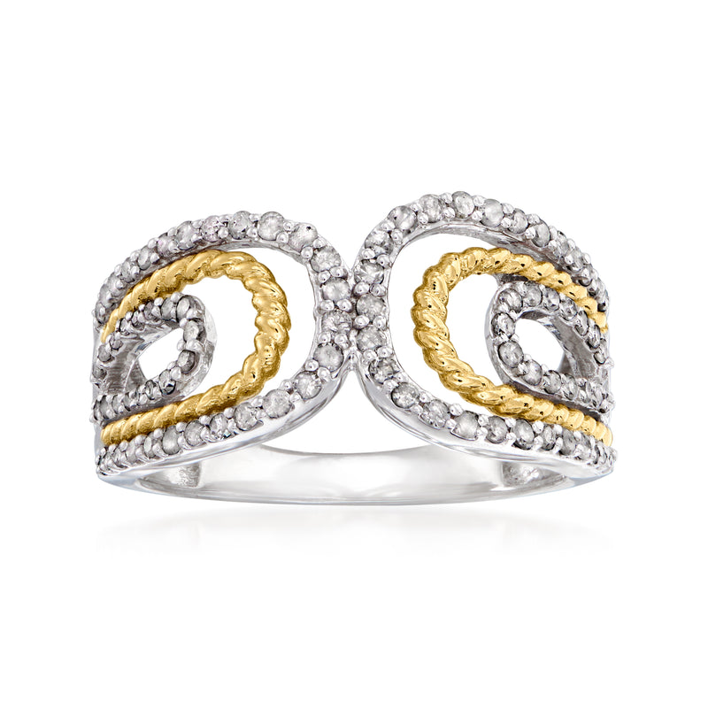 Sterling silver bypass diamond ring with oval pave stones and 14kt yellow gold accents