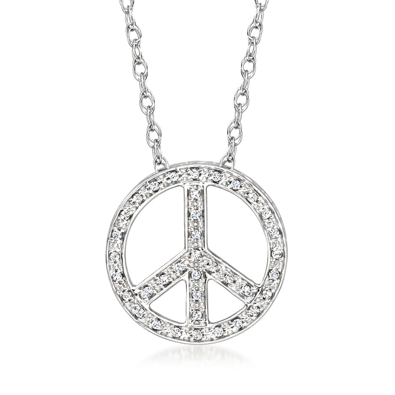 Sterling silver peace sign pendant necklace with round diamond accents on link chain