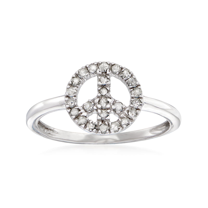 Sterling silver peace sign diamond ring with round pave stones