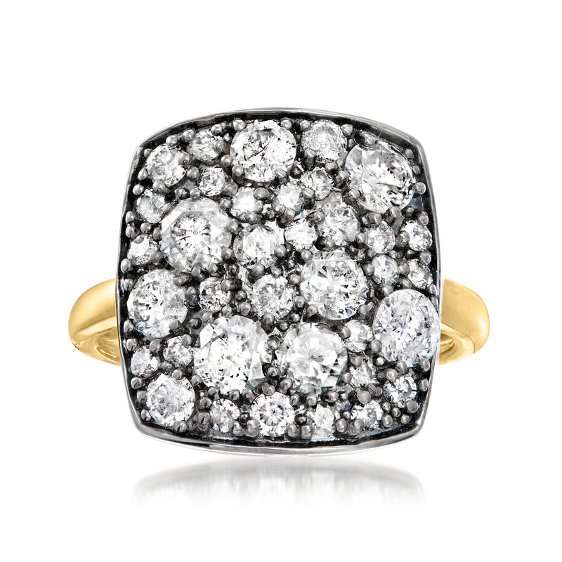 Sterling silver diamond mosaic cluster ring with yellow gold band, round bezel-set stones