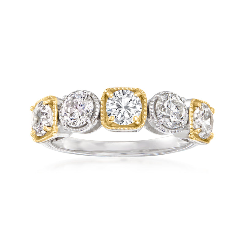 Geometric diamond ring with round center stone, two-tone 14kt gold, bezel-set accents