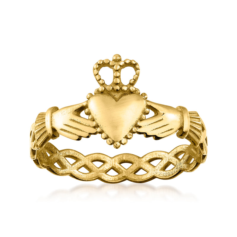 Yellow gold claddagh ring with crown, heart, and clasped hands; braided band detail.