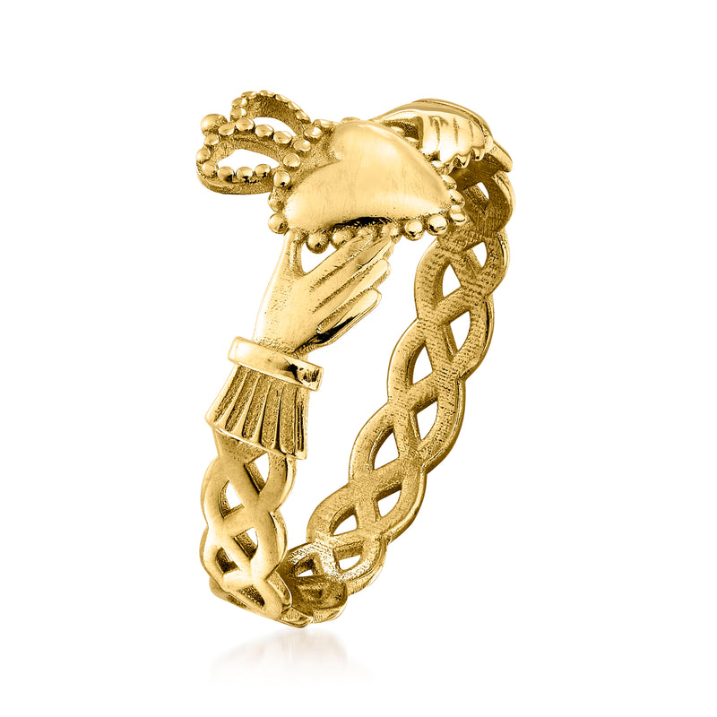 Yellow gold claddagh ring in profile, featuring crown, heart, clasped hands, and lattice band.