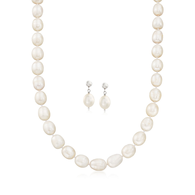 Cultured pearl necklace and sterling silver drop earrings set, oval pearls with polished finish