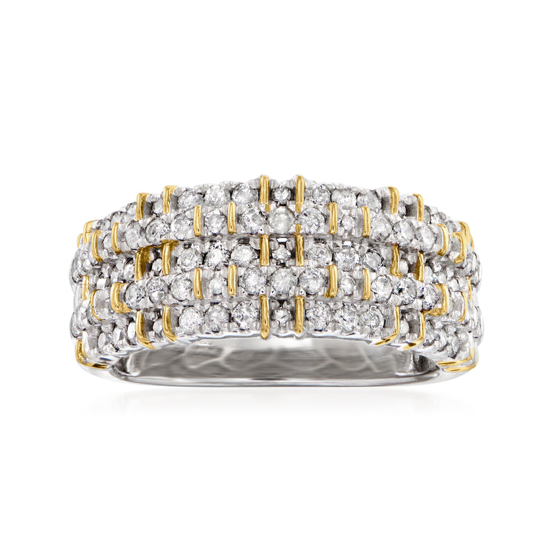Sterling silver diamond ring with 18kt gold accents, prong-set stones.
