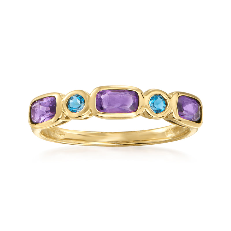 14kt yellow gold ring with rectangular amethyst and round London blue topaz accents