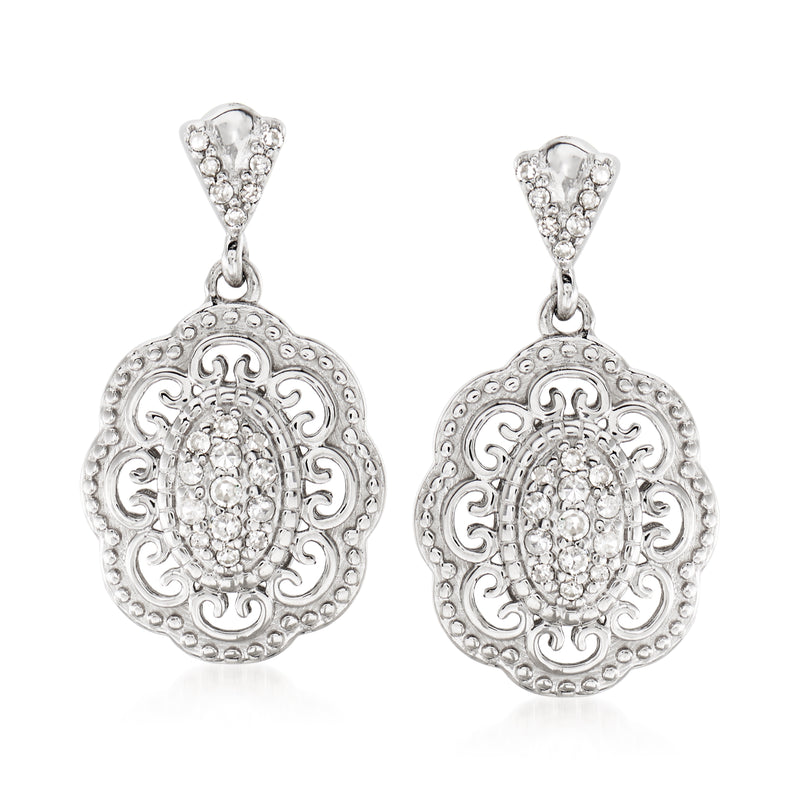 Sterling silver filigree drop earrings with round halo gemstone centers