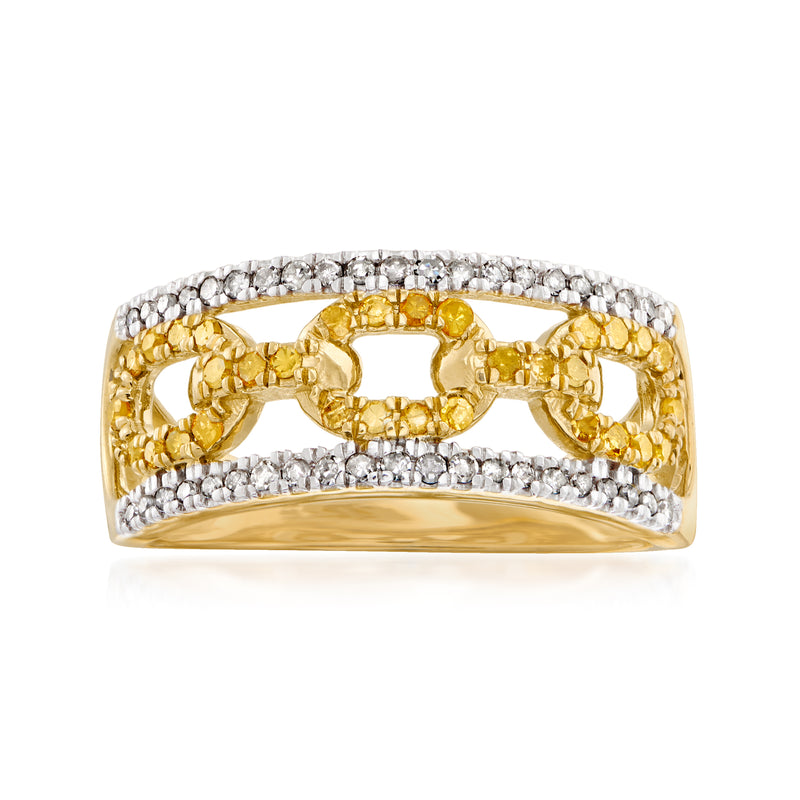 Diamond paper clip link ring in yellow gold over sterling with white and yellow stones