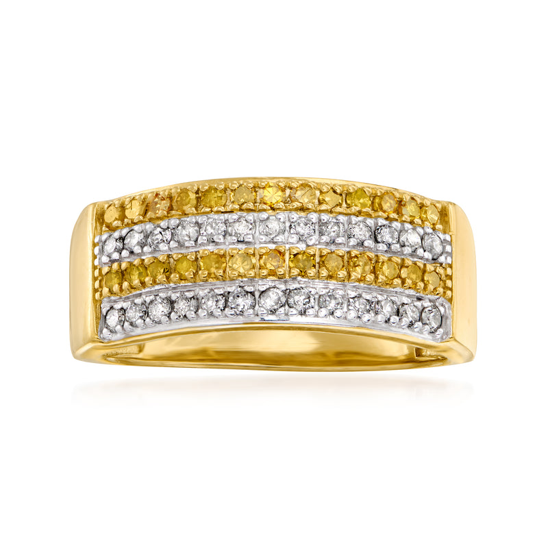 Gold-tone diamond multi-row ring with yellow and white stones, domed band