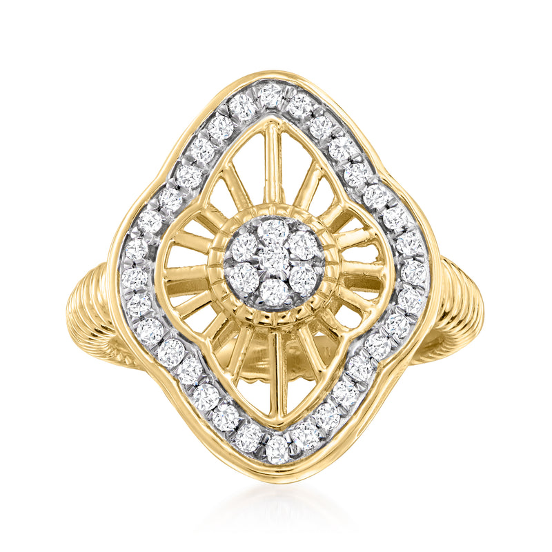 14kt yellow gold openwork diamond ring with round center stone and halo border