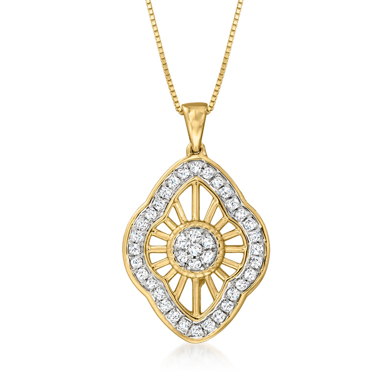 14kt yellow gold diamond pendant necklace with round center stone and halo