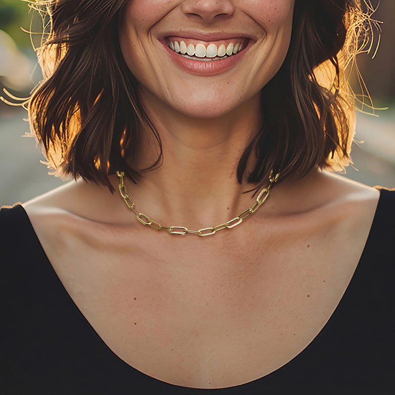 Italian 18kt yellow gold paper clip link necklace worn at the collar