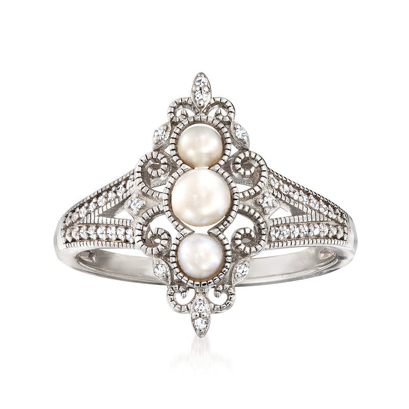 Sterling silver vintage-style ring with three cultured white pearls and diamond accents