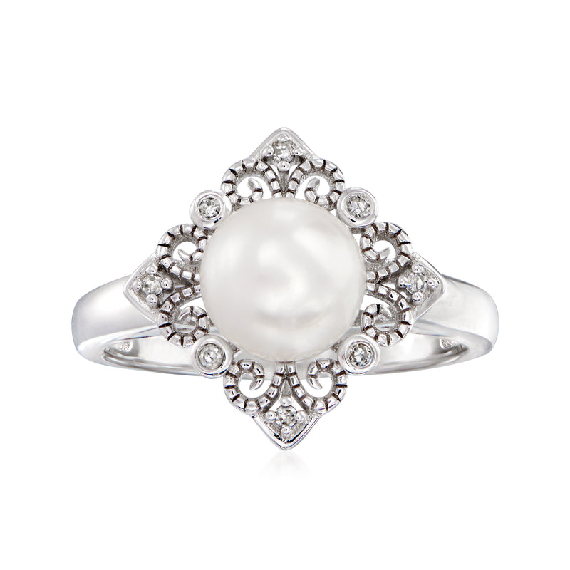Sterling silver vintage-style ring with white cultured pearl and round diamond accents