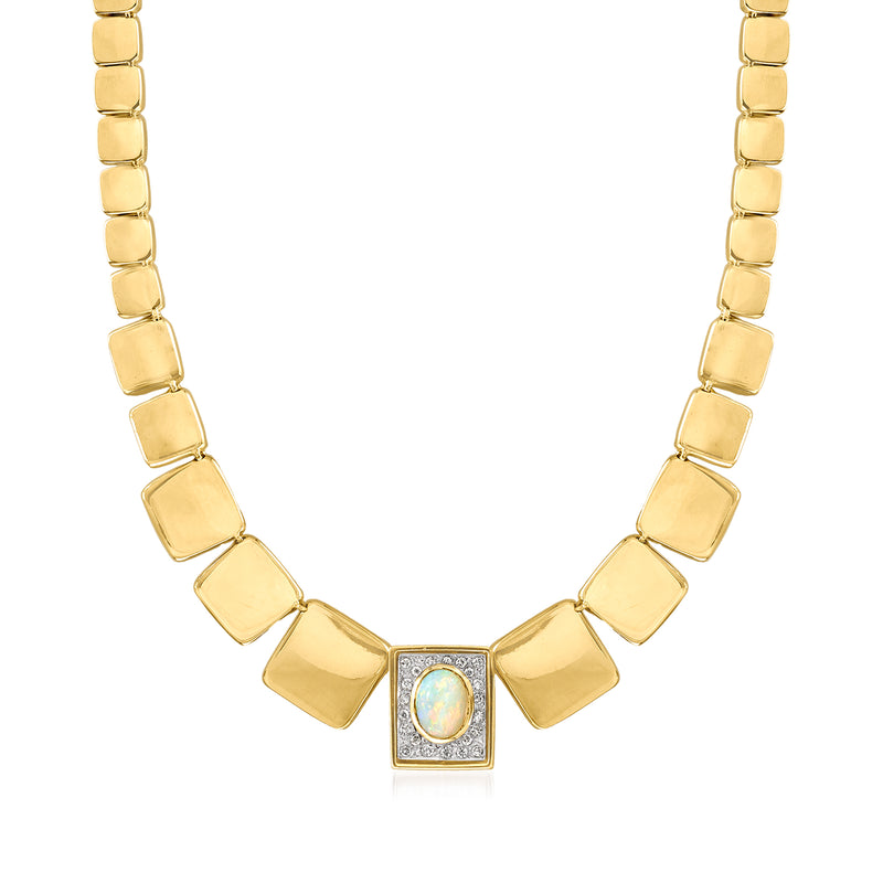 Vintage 14kt yellow gold panel necklace with opal center and diamond border