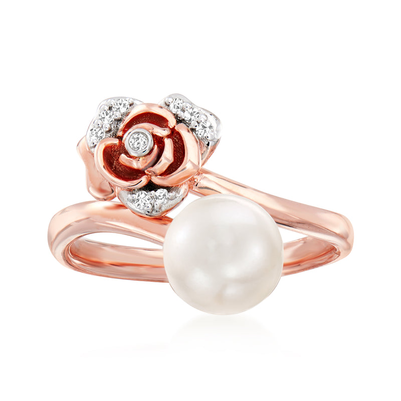 Rose gold bypass ring with white cultured pearl and diamond-accent floral detail