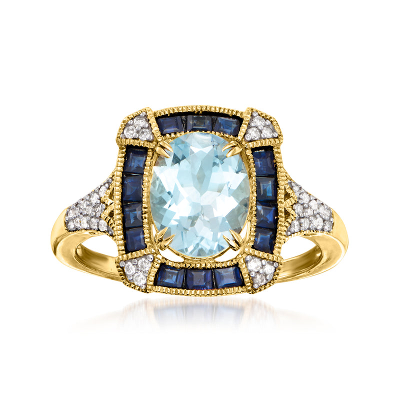 14kt yellow gold ring with oval aquamarine center, sapphire and diamond halo