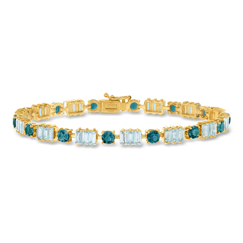 Gold-tone topaz bracelet with rectangular and round sky-blue stones and secure clasp