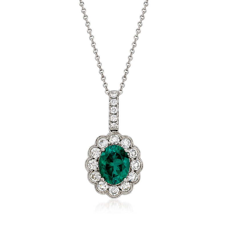 Green tourmaline diamond pendant necklace in 18k white gold, floral halo with chain