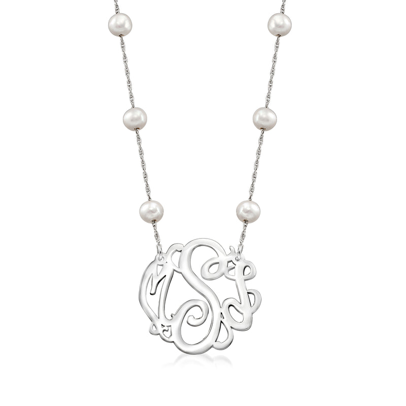 Sterling silver monogram pendant necklace with 5–6mm cultured pearl beads