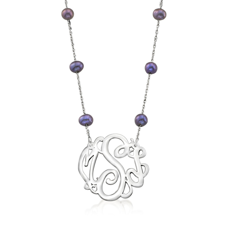Sterling silver monogram pendant necklace with black cultured pearls on chain