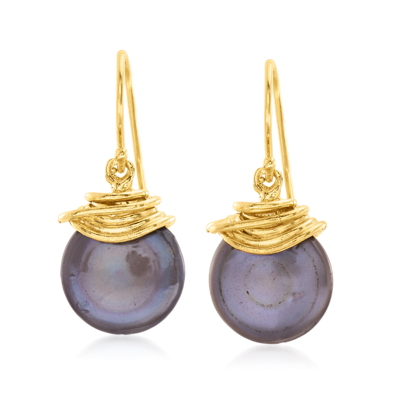 Gold drop earrings with black cultured coin pearl, earwire hooks