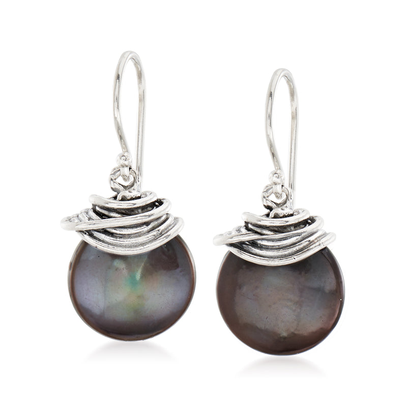 Sterling silver earwire drop earrings with dark iridescent coin pearls and swirl caps