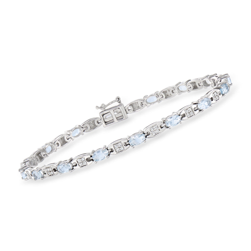 Sterling silver tennis bracelet with aquamarine and diamond accents, box clasp
