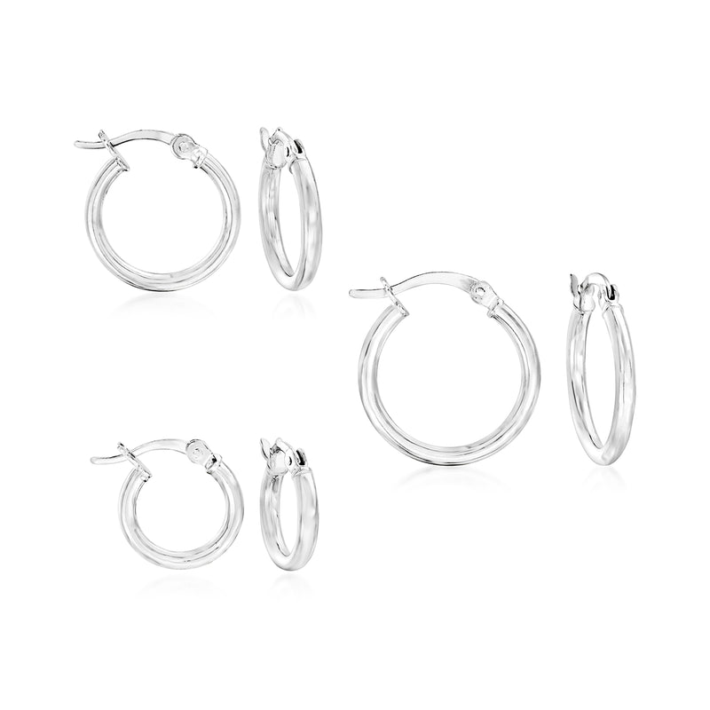 Sterling silver hoop earring set with three pairs of small round hoops